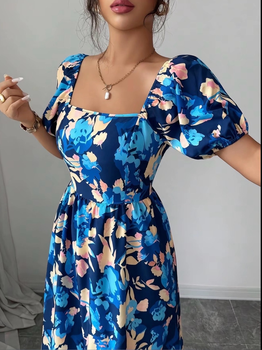 Blue Floral Square-Neck Maxi Dress Size L NWOT - Picture 4 of 4